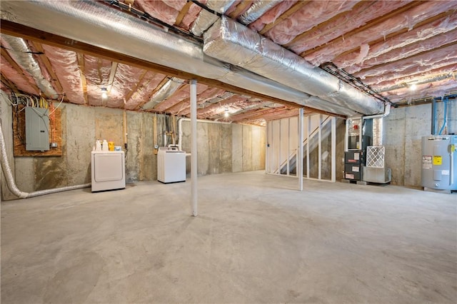 unfinished below grade area with electric panel, water heater, heating unit, and washing machine and dryer