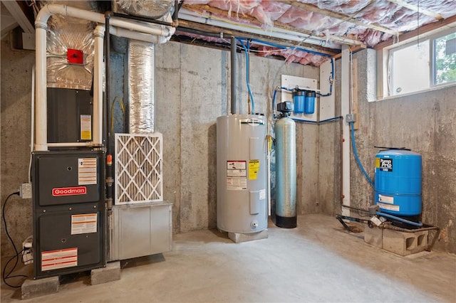 utility room featuring water heater and heating unit