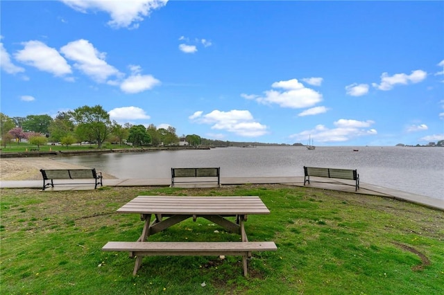 view of property's community featuring a water view and a lawn