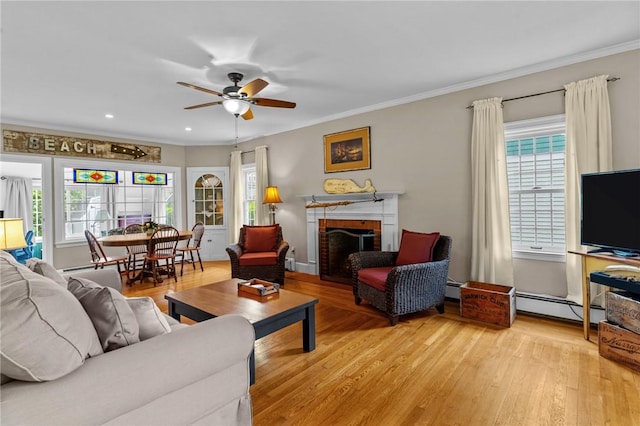 living room featuring a baseboard radiator, healthy amount of natural light, ceiling fan, light wood-style flooring, and crown molding