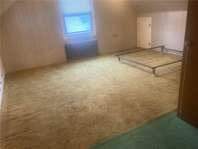30 Charles St, Cranston, RI 02920 - additional living space with radiator heating unit, carpet, lofted ceiling, and wooden walls