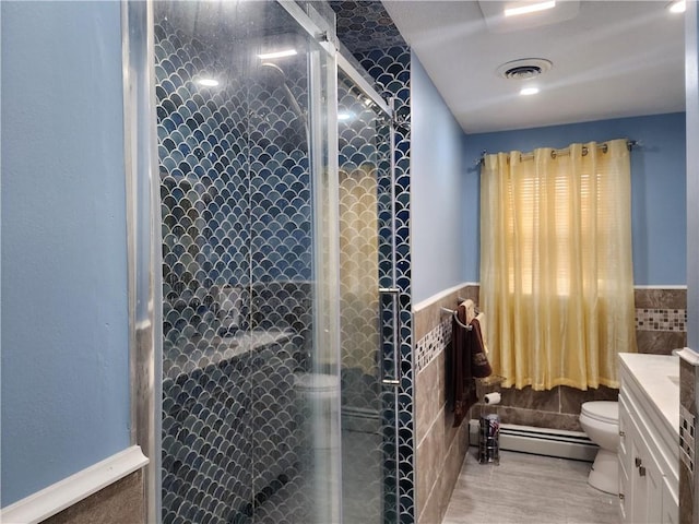 8 Marigold Ct, Cranston, RI 02920 - full bathroom with tile walls, a stall shower, toilet, a wainscoted wall, and a baseboard heating unit