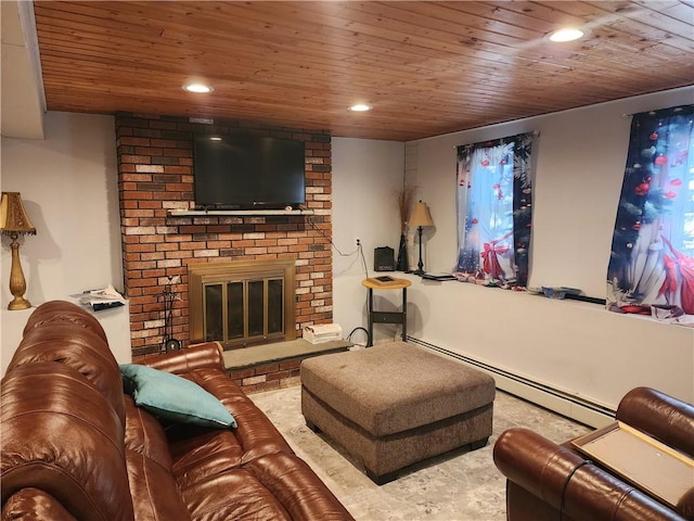 8 Marigold Ct, Cranston, RI 02920 - living area featuring wood ceiling, a fireplace, a baseboard heating unit, and recessed lighting