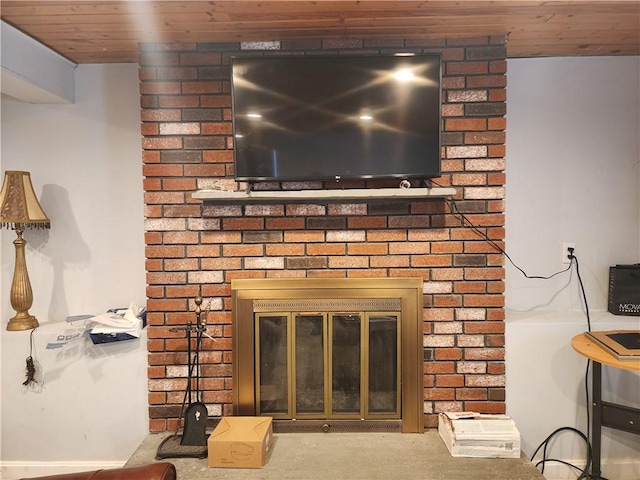 8 Marigold Ct, Cranston, RI 02920 - detailed view of a fireplace, wood ceiling, and carpet flooring