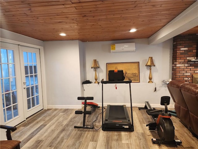 8 Marigold Ct, Cranston, RI 02920 - exercise area featuring wooden ceiling, a wall mounted air conditioner, baseboards, wood finished floors, and recessed lighting