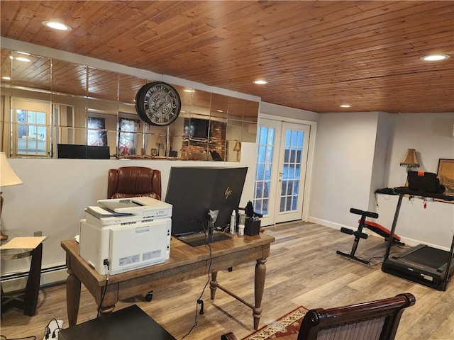 8 Marigold Ct, Cranston, RI 02920 - office area featuring wood ceiling, baseboards, wood finished floors, a baseboard radiator, and recessed lighting