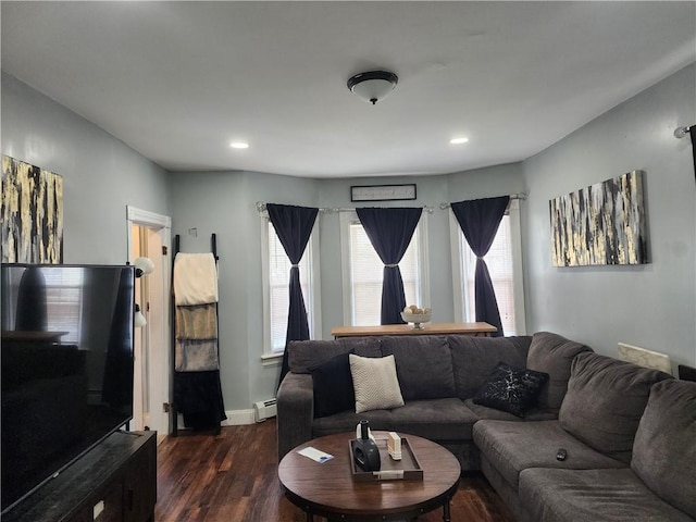 64 Westwood Ave, Cranston, RI 02905 - living area featuring a baseboard heating unit, dark wood-style flooring, recessed lighting, and baseboards