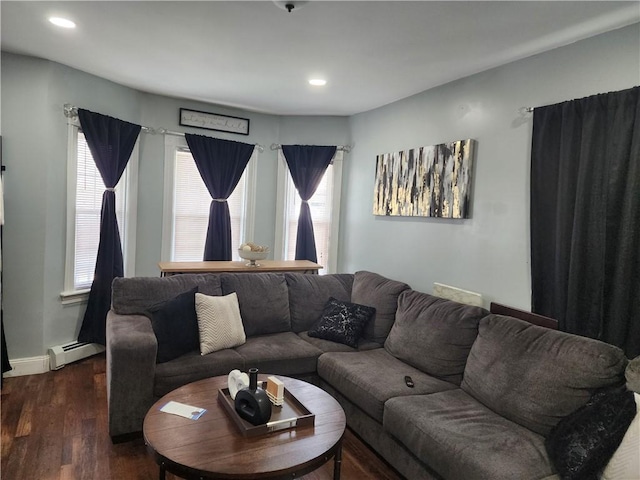 64 Westwood Ave, Cranston, RI 02905 - living area with a baseboard radiator, dark wood-style flooring, recessed lighting, and baseboards