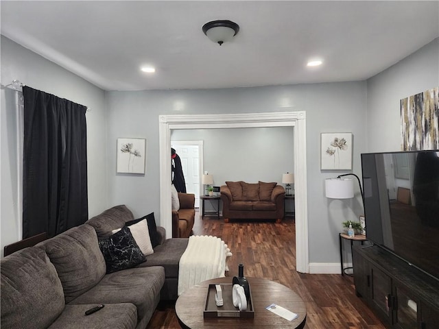 64 Westwood Ave, Cranston, RI 02905 - living room featuring dark wood-type flooring, baseboards, and recessed lighting