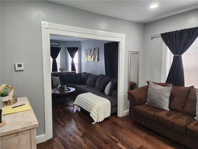 64 Westwood Ave, Cranston, RI 02905 - living room with dark wood-style flooring, baseboards, and recessed lighting