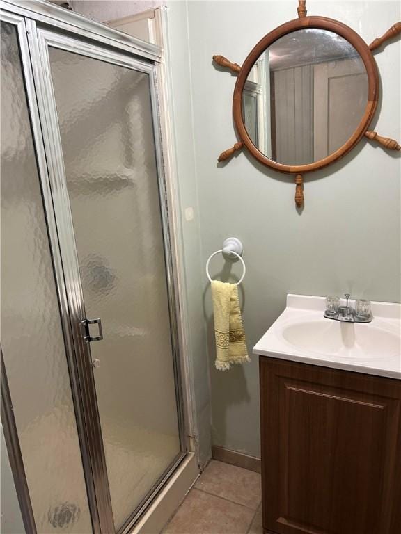 full bathroom with vanity, tile patterned floors, and a shower stall