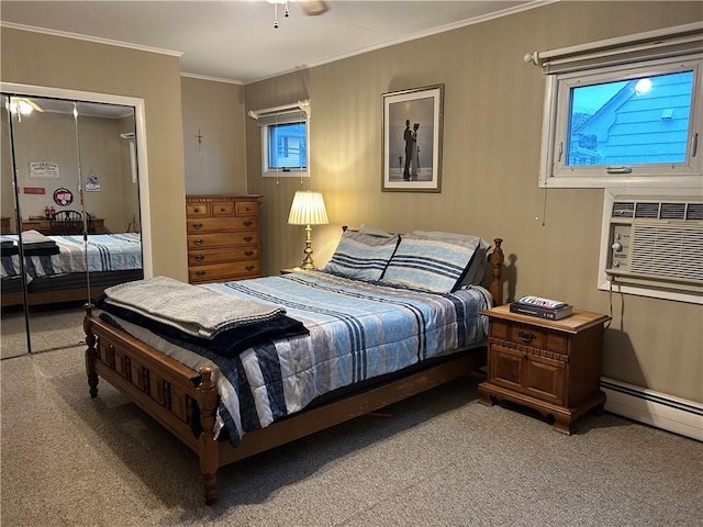 bedroom featuring light colored carpet, crown molding, a baseboard heating unit, a closet, and cooling unit
