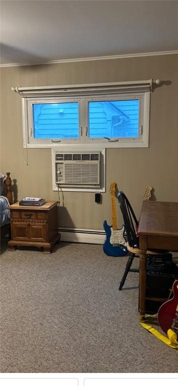 office area with a baseboard heating unit, carpet, and ornamental molding