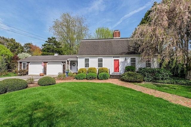 dutch colonial with a chimney, a front lawn, an attached garage, concrete driveway, and roof with shingles