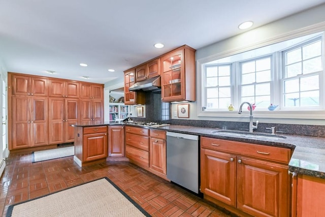 kitchen with appliances with stainless steel finishes, a sink, under cabinet range hood, glass insert cabinets, and a peninsula
