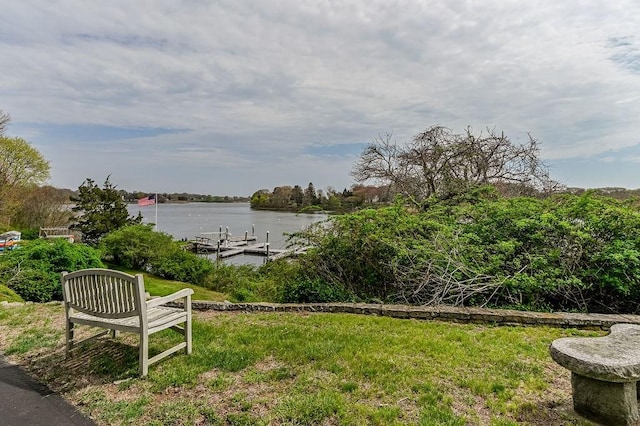 view of home's community with a water view and a dock