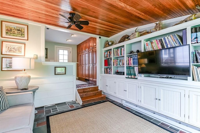 living area featuring wooden ceiling and ceiling fan