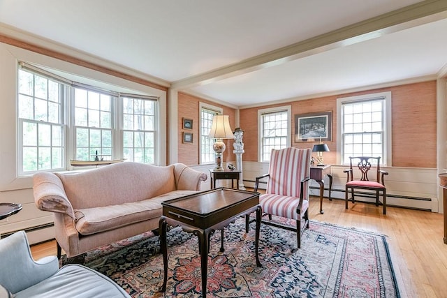 living room with plenty of natural light, ornamental molding, light wood-style flooring, and baseboard heating