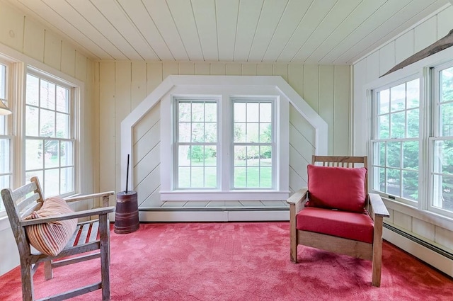 living area with plenty of natural light, a baseboard radiator, carpet flooring, and wood ceiling