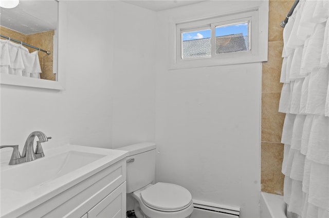 bathroom featuring a baseboard heating unit, toilet, vanity, and shower / tub combo with curtain