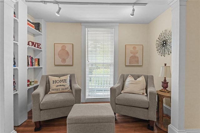 275 Hope St, Bristol, RI 02809 - sitting room featuring track lighting, wood finished floors, and built in shelves