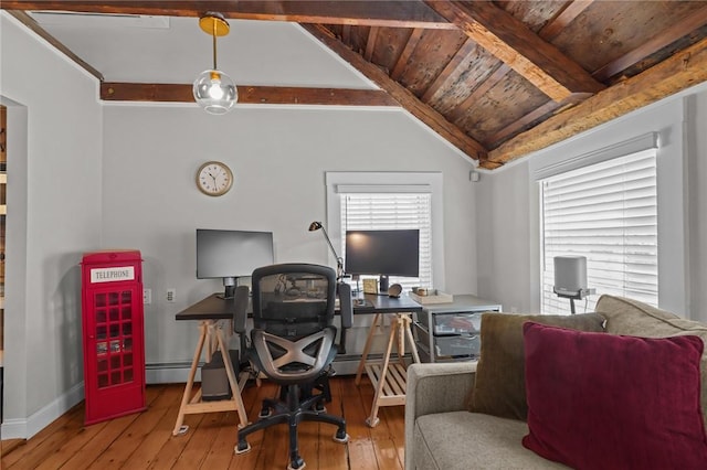275 Hope St, Bristol, RI 02809 - office featuring hardwood / wood-style flooring, wood ceiling, baseboards, and baseboard heating