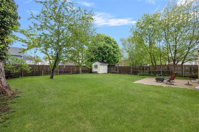 view of yard with a fire pit, a patio, a storage shed, and an outbuilding