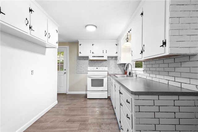 3 Baylor Dr, Coventry, RI 02816 - kitchen featuring white electric stove, a sink, exhaust hood, tasteful backsplash, and white cabinetry