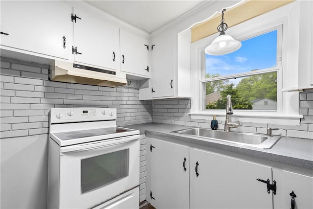 3 Baylor Dr, Coventry, RI 02816 - kitchen featuring white range with electric stovetop, under cabinet range hood, a sink, white cabinetry, and decorative backsplash