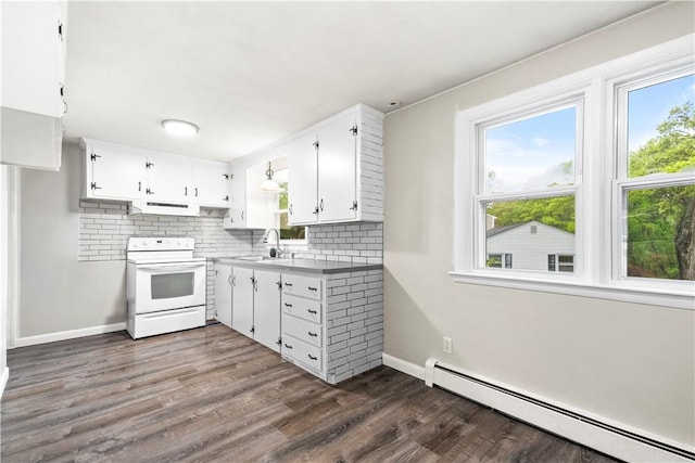 3 Baylor Dr, Coventry, RI 02816 - kitchen with white electric range oven, baseboard heating, a sink, and decorative backsplash