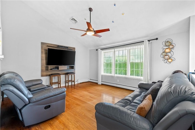 living room with a baseboard heating unit, ceiling fan, wood finished floors, and high vaulted ceiling