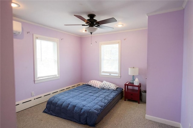carpeted bedroom with a wall mounted air conditioner, multiple windows, a baseboard radiator, baseboards, and crown molding