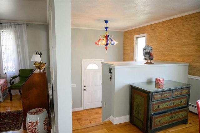 foyer entrance featuring light wood-type flooring, ornamental molding, and baseboards