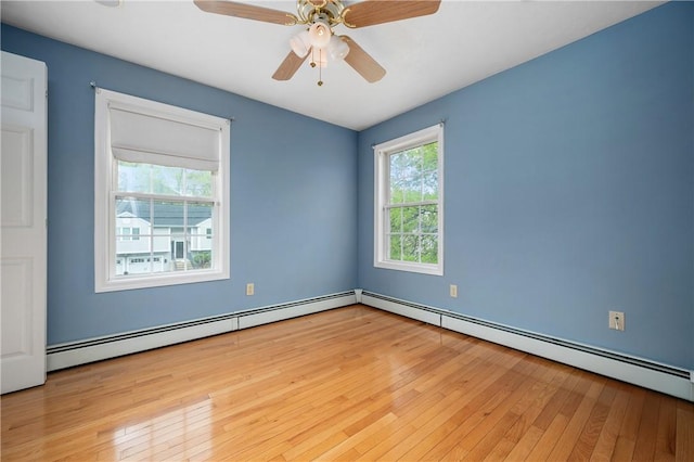 spare room with hardwood / wood-style floors, a baseboard radiator, and a ceiling fan