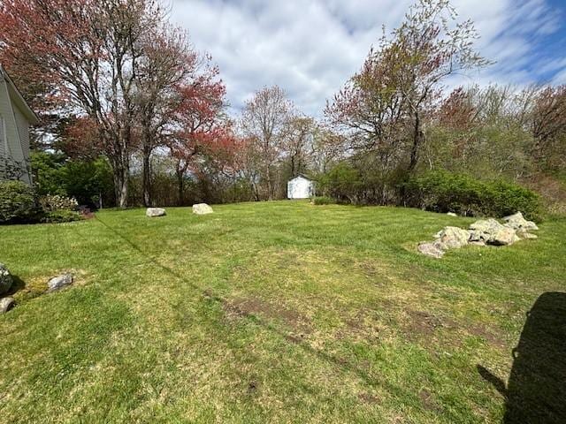 view of green lawn featuring a shed and an outdoor structure