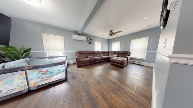 11 Crane St S, Pawtucket, RI 02860 - living area featuring a wall mounted AC, a ceiling fan, beam ceiling, wood finished floors, and baseboards