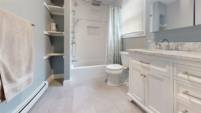 11 Crane St S, Pawtucket, RI 02860 - full bath with a baseboard heating unit, toilet, vanity, tile patterned flooring, and shower / bath combination with curtain