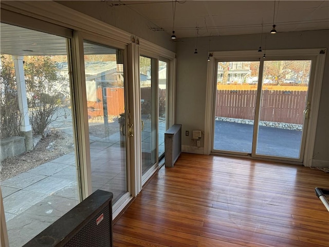 doorway to outside with wood finished floors and track lighting