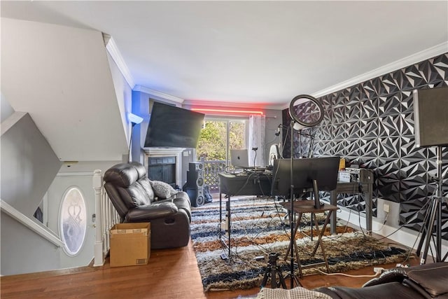 5 Morrill Ln Unit G, North Providence, RI 02904 - living area with ornamental molding, wood finished floors, and a fireplace