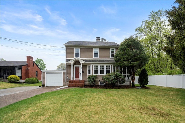 american foursquare style home with concrete driveway, a chimney, and an outdoor structure
