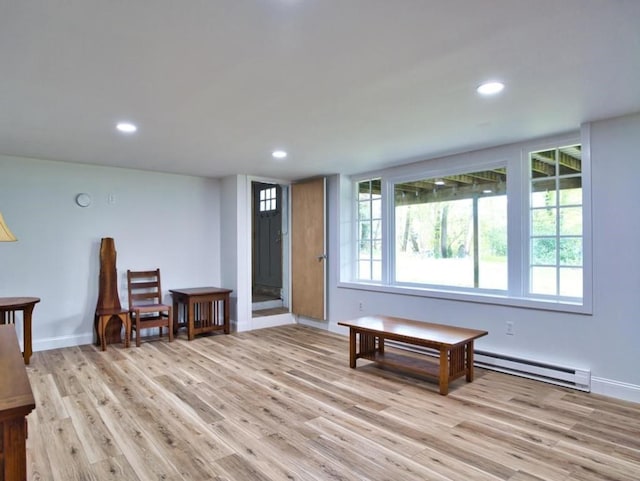 58 Leonard Dr, Tiverton, RI 02878 - sitting room with a baseboard radiator, light wood finished floors, recessed lighting, and baseboards