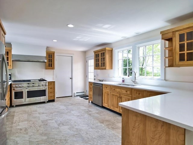 58 Leonard Dr, Tiverton, RI 02878 - kitchen featuring a sink, stainless steel appliances, a baseboard radiator, brown cabinets, and recessed lighting
