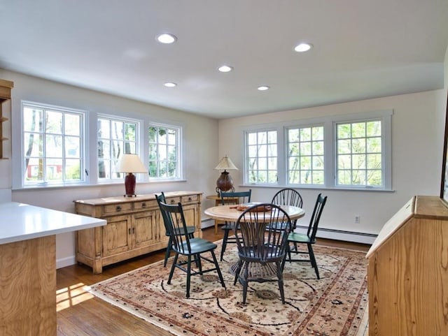 58 Leonard Dr, Tiverton, RI 02878 - dining room with a baseboard radiator, healthy amount of natural light, recessed lighting, dark wood-type flooring, and baseboards