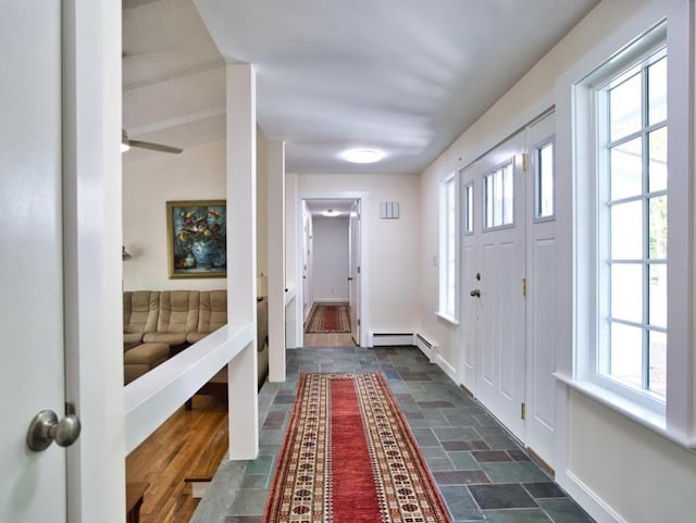 58 Leonard Dr, Tiverton, RI 02878 - foyer entrance with stone tile floors, plenty of natural light, baseboards, and a baseboard radiator