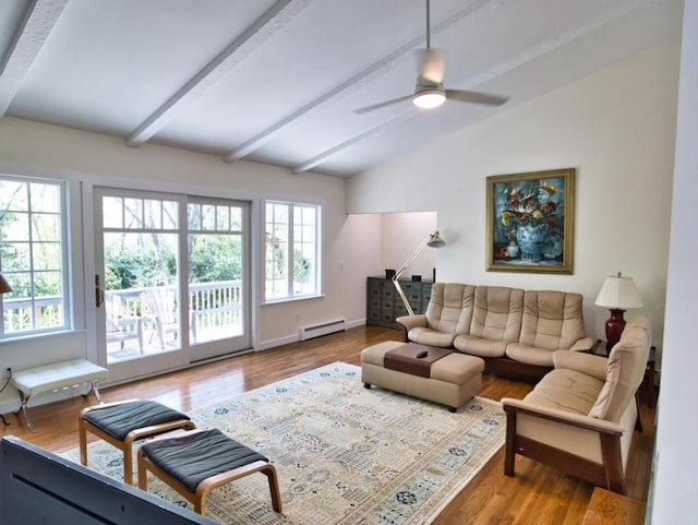 58 Leonard Dr, Tiverton, RI 02878 - living area featuring baseboard heating, wood finished floors, baseboards, and a ceiling fan