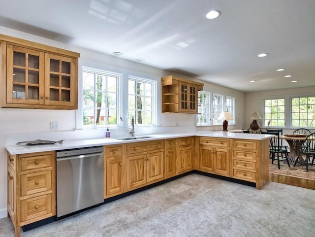 58 Leonard Dr, Tiverton, RI 02878 - kitchen featuring stainless steel dishwasher, a sink, a peninsula, light countertops, and recessed lighting