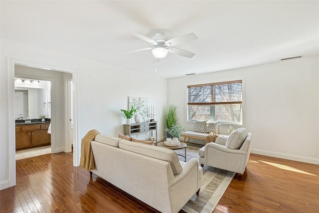 60 Bay Spring Ave Unit A9, Barrington, RI 02806 - living room featuring hardwood / wood-style flooring, baseboards, and a ceiling fan