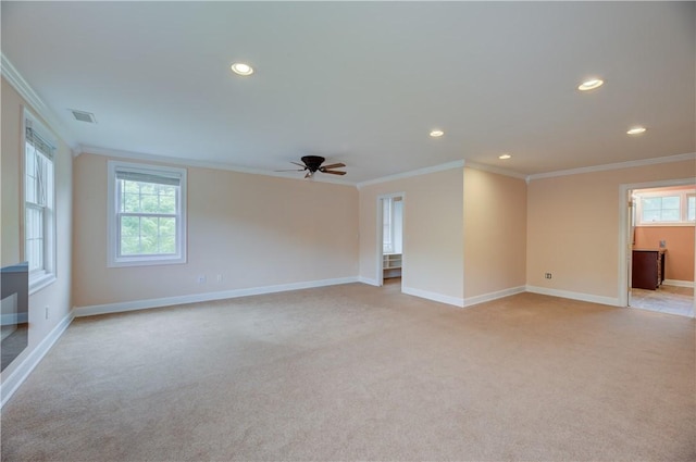 34 Ledgefield Rd, Scituate, RI 02857 - spare room featuring ornamental molding, ceiling fan, baseboards, light carpet, and recessed lighting