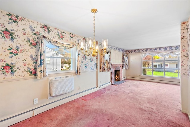 54 Glenwood Dr, North Kingstown, RI 02852 - unfurnished dining area with a chandelier, wallpapered walls, a baseboard radiator, carpet, and a wainscoted wall