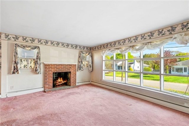 54 Glenwood Dr, North Kingstown, RI 02852 - unfurnished living room with a baseboard radiator, carpet flooring, a brick fireplace, a baseboard heating unit, and baseboards